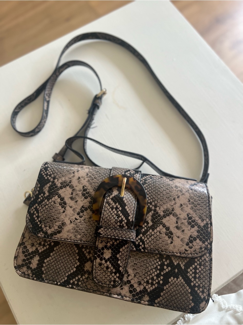 Neiman Marcus Snake-Print Crossbody with Tortoiseshell Buckle - Beige/Black